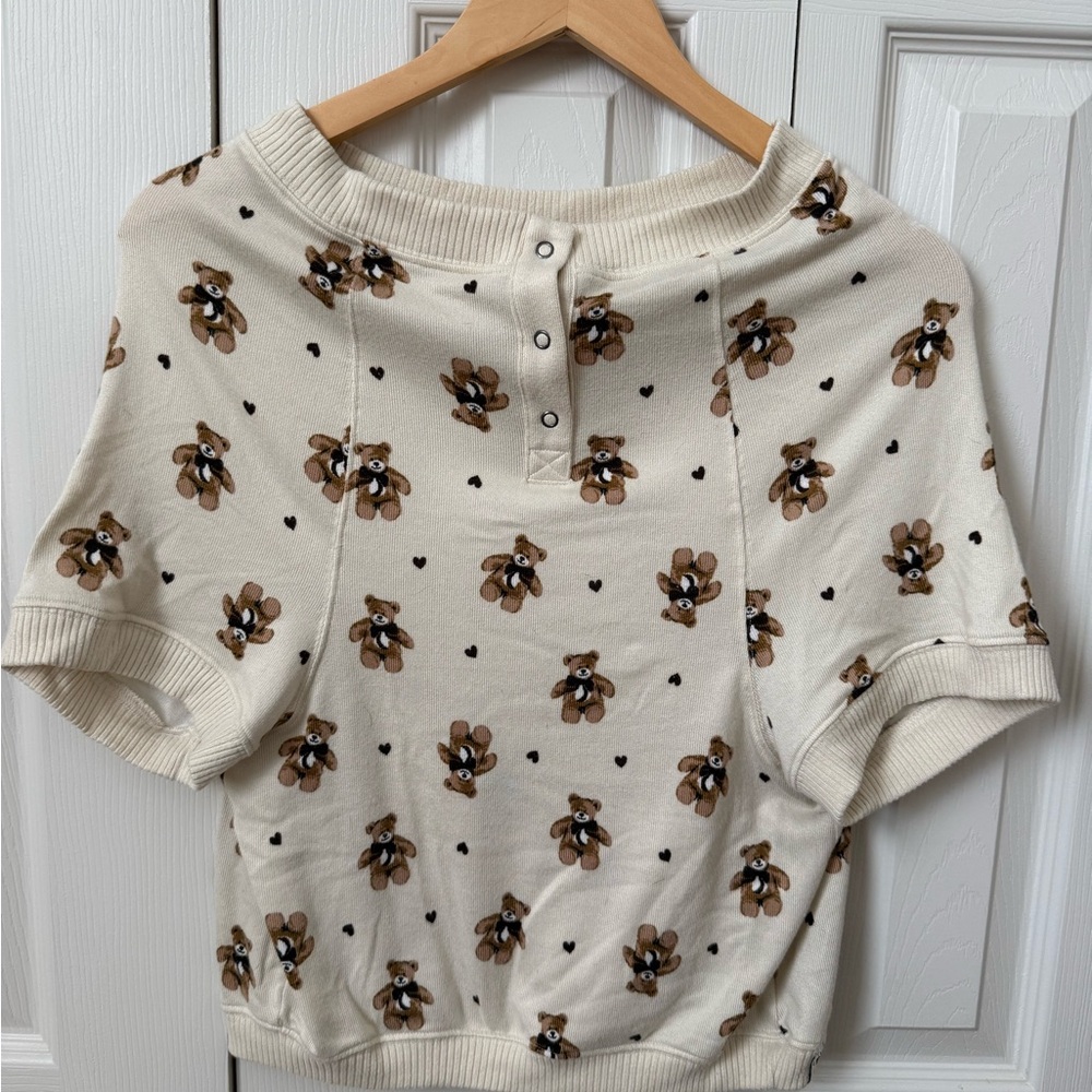 Dog Teddy Bear Print Cream Short Sleeve Sweater